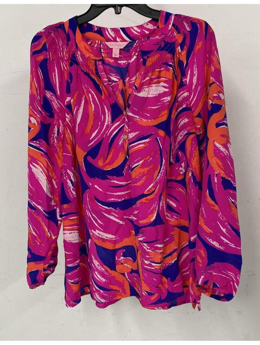 LILLY PULITZER Elsa 100% Silk Blouse Size Large Flamingo Pink Purple Orange Top